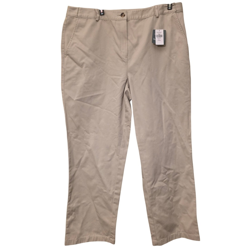 LL Bean Bayside Twill Pants 16 Petite Khaki Tan Classic Fit Cotton Chinos 299969